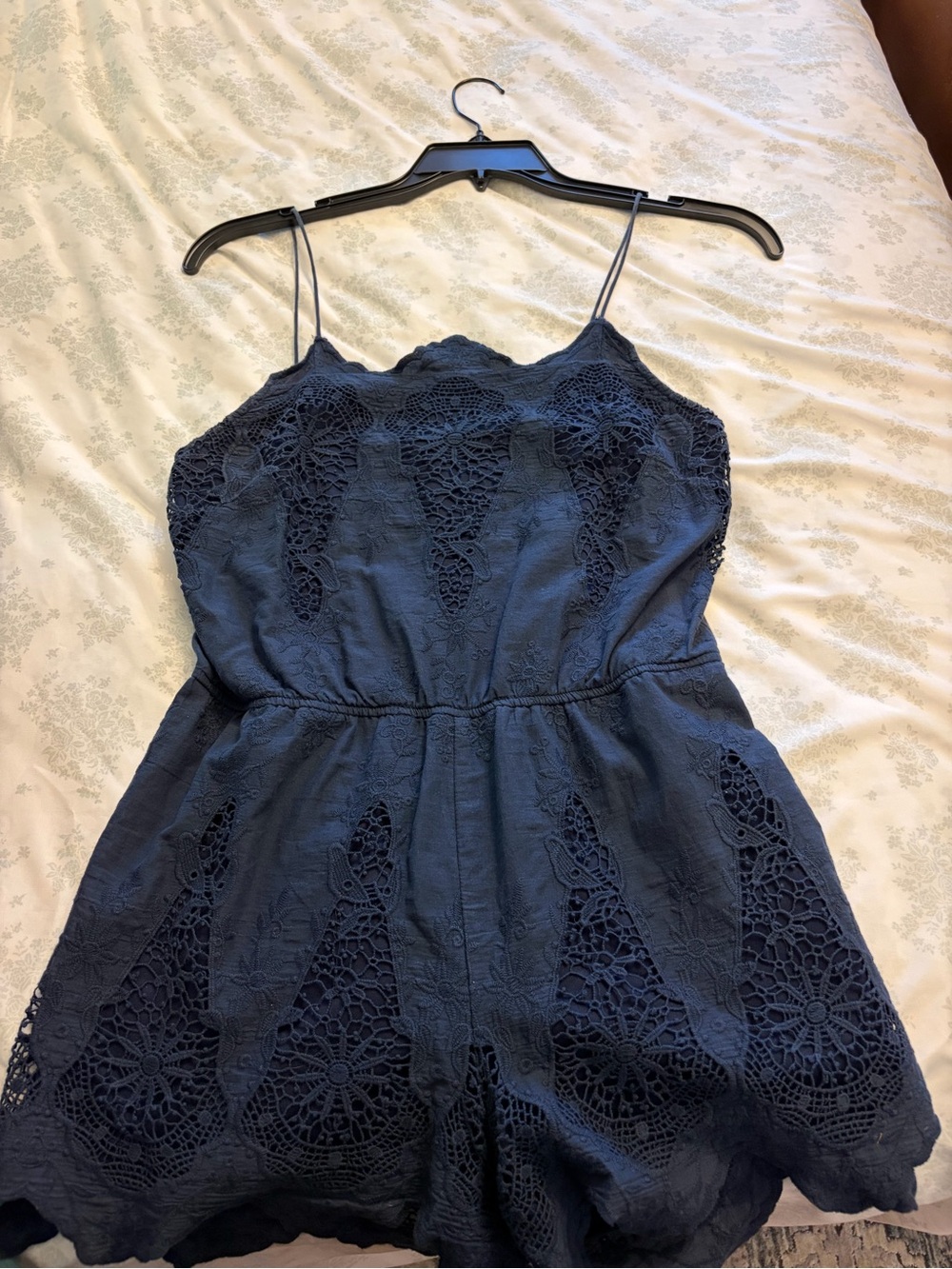 Blu Pepper Navy Blue Crochet Spaghetti-Strap One-Piece Romper